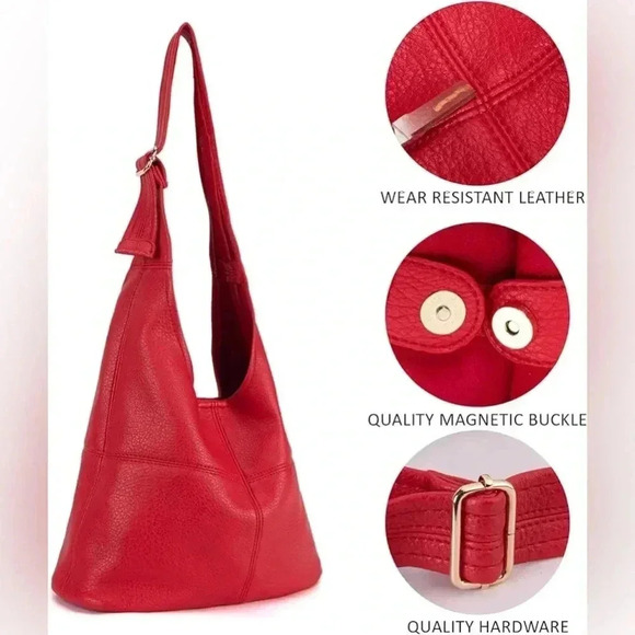 RED ULTRA SOFT VEGAN LEATHER SLOUCHY HOBO BAG & MATCHING COSMETIC BAG NWT - Picture 3 of 5